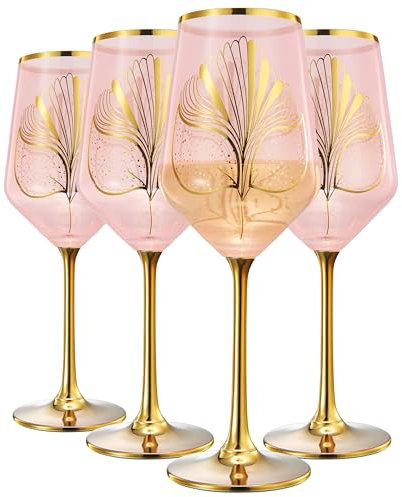Colored Crystal Wine Glass - Set of 4 - Blush Pink & Gold Large Stemmed 12 oz Glasses, Unique all Occasions & Special Celebrations Italian Style Tall Drinkware for Red & White Wine, Color Glassware