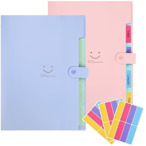 OEEYYT 2 Stück Fächermappe A4 Mit 5 Taschen Dokumentenmappe A4 Mappen Ordnersystem Ordnungsmappe für Zuhause, Büro, Schule (Lila+Rosa)