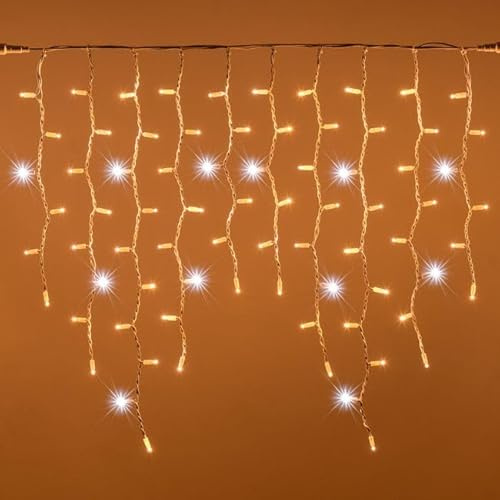 Tenda Luminosa Natalizia professionale 3 metri Stalattiti con 92 LED a Luce Calda con Flash Bianco Freddo per Interno ed Esterno IP67 prolungabile (Luce calda con flash bianco, 3 metri)
