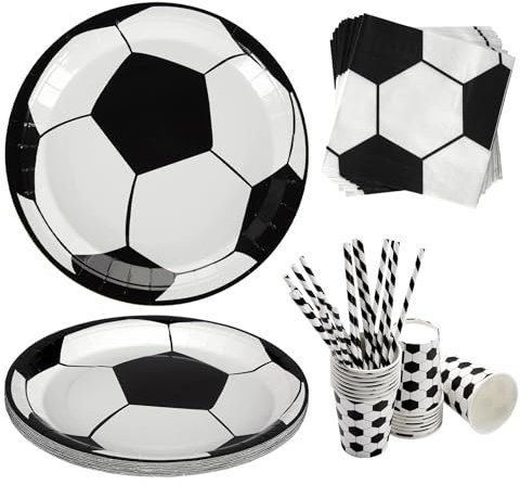 Homewit 64 Stück Fußball Pappgeschirr Kindergeburtstag,Fussball deko Geburtstag Kinder,Schwarzer und Weißer Fußball Pappteller Becher Servietten für Kindergeburtstag Deko