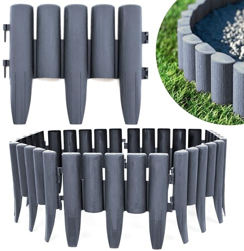 KRUMAD Rasenkante Kunststoff Holzoptik, 10 Stück Set 2,8 Meter, Höhe 24 cm, Beeteinfassung Garten, Flexible Beetumrandung, Witterungsbeständig, UV- & Frostfest, Einfacher Aufbau, Grau | 10 Stück, Set 2,8 Meter, Höhe 24 cm, Beeteinfassung Garten, Witterungsbeständig, UV- & Frostfest, Einfacher Aufbau, Grau