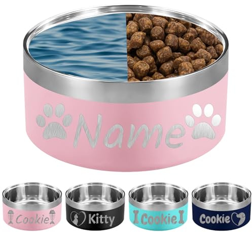 Gamelle pour Chien personnalisée 18OZ avec Gravure au Laser du nom de l'animal 18/32/42/64 oz en Acier Inoxydable isolée et résistante aux morsures-Rose
