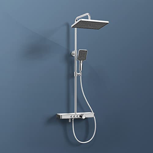 EMKE Duschsystem mit Thermostat, Regendusche Duschsystem mit 36x24cm Regenduschkopf, Brauseset mit Glasablage, Duschset mit Handbrause 3 Strahlarten, KTW-Zertifizierung, Chrom