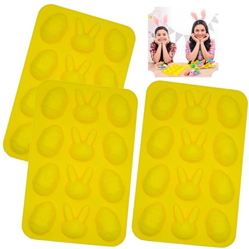3Pcs Yellow Easter Silicone Cake Moulds, 12 Cavity Chocolate Ice Cubes Bakeware Easter Party Supplies, Reusable Bunny Egg Shaped Non-Stick Baking Molds 22.5cm