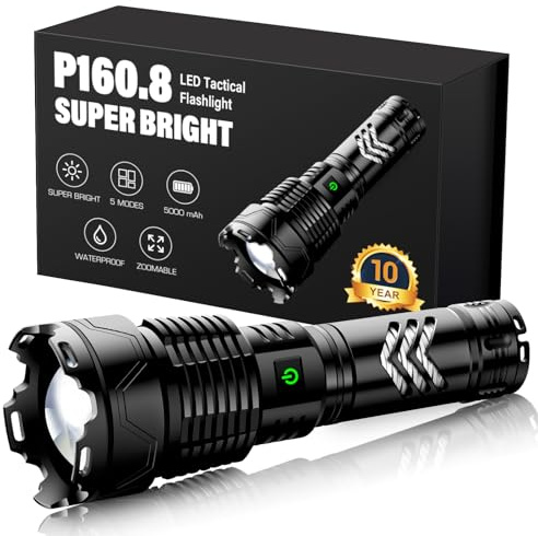 High Lumens Rechargeable Flashlight, 2000 LM Powerful Tactical Torch with Zoomable & 6 Modes, IPX7 Waterproof, Super Bright for Camping, Hiking, Emergencies