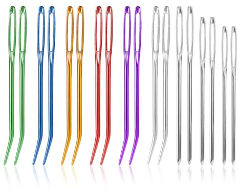 18pcs Large Eye Sewing Needles, Aluminum Big Eye Yarn Darning Blunt Needle Kit with Straight & Bent Curved Tip Hand Knitting Tools Accessories for Quilting Crochet Embroidery Tapestry Projects