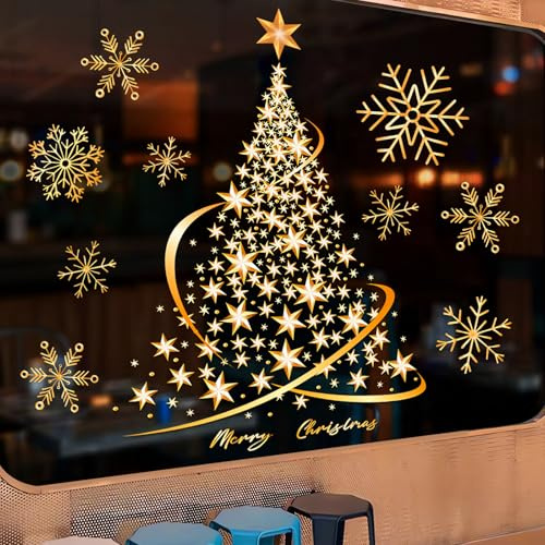 1 Stück Goldener Weihnachtsbaum-Fensteraufkleber, Weihnachten Statische Goldene Aufkleber, Fensterfolie Weihnachten, für DIY, Wand, Fenster, Türaufkleber für Schaufenster (B)