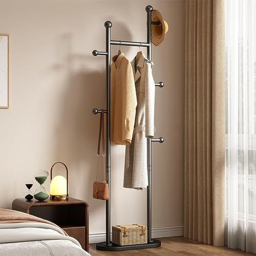 UUE Garderobenständer, Kleiderständer Metall, Stabiler Garderobe, für Kleidung, Taschen und Hüte, Höhe 168 cm, mit 5 Haken, für Wohnzimmer Schlafzimmer Büro (Schwarz)