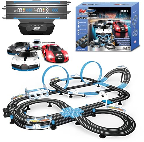 AGM MASETCH - Juego de carreras de autos con contador de vueltas LED, alta velocidad, parada de pozo de combustible, comentarios de voz, 4 autos con licencia, pista de 13,5 m, eléctrico o alimentado