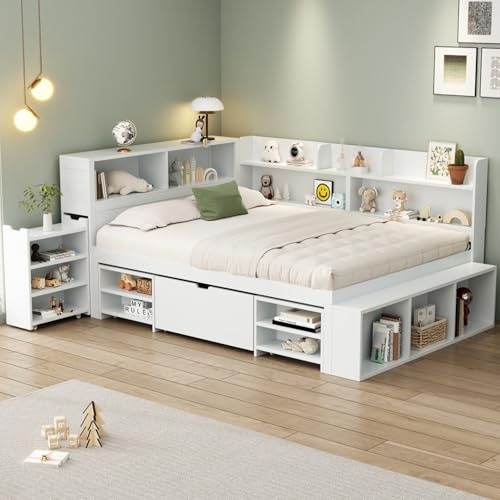 Merax Kinderbett 140x200 cm mit Stauraum, Einzelbett Funktionsbett Jugendbett mit Schubladen, Stauschrank, Bücherregal, Nachttisch, Ohne Matratze, Weiß/254x159.5x91cm