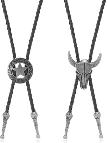 PQKL-party 2 Stück Cowboy Bolo Tie,Cowboy Kostüm Herren Halskette Accessoires,Leder Krawatte Cowboy Schädel,Krawatten Anhänger Kette Deko für Westernhemd Herren,Cowboyhemdherren,Western Hemd
