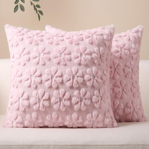 Softalker Pink Cushion Covers 45 x 45 Faux Fur Cushion Cover 18 x 18 inch Fluffy Dasiy Throw Pillow Cases for Spring Sofa Decorations Outdoor Garden Easter Summer Party Home (Set of 2)