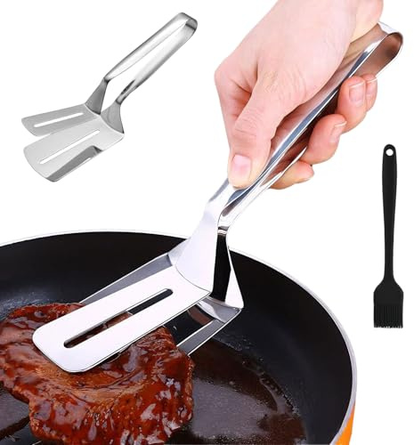Stainless Steel Multi-Functional Grill Clamp with Oil Brush - Anti-Scald Extended Handle Spatula Tong, Non-Slip Grip for Grilling Meat, Fish & Pancakes Flipping