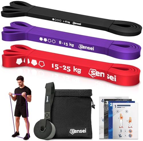 SENSEI Élastique Musculation – Bande Élastique Fitness pour Traction & Gym – en Latex Naturel – Inclus Guide, E-Book & Sac de Transport