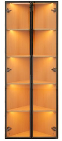 BXEYXE Vitrina de esquina de cristal LED con puerta, 62 x 35 x 160 cm, de cristal templado y roble, barra de luz integrada, a prueba de polvo, se puede utilizar como vitrina de colección, estantería