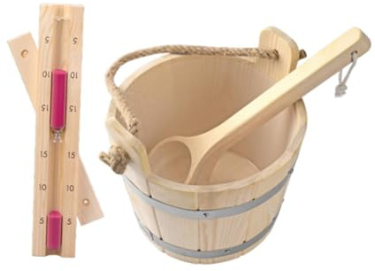 budiniao Cucharón y cubo de Para madera de 5 litros con temporizador reloj arena. Accesorios sauna premium para entusiastas del spa que no mejoran la estética, sino que también son cómodos