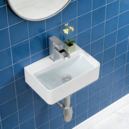 Lordear Small Wall Mounted Vessel Sink Floating Corner Bathroom Sink Wall hung Pure Glossy White Ceramic Wash Basin 14.5x10x4.2 Inch for Tiny Room