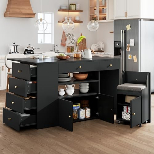 staronce Isola cucina con piano di lavoro e sgabelli 140 cm flessibile - Armadietto da cucina con 6 cassetti e spazio di archiviazione, isola mobile da cucina con ruote - Tavolo da bar con seduta in