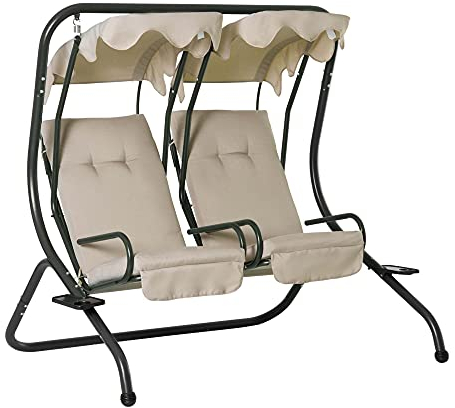 Outsunny Canopy Swing Chair Modern Garden Swing Seat Outdoor Relax Chairs w/ 2 Separate Chairs, Cushions and Removable Shade Canopy, Beige