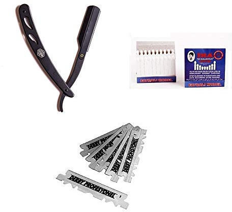 Barber Academy Rasiermesser-Set | Ustura Bartschneider | 10 Derby Rasierklingen |Wechselklingenmesser | 20 IHA Blutstiller | türkisch traditionelle nassrasur | Friseur-Barbier-Konturen-Messer (G-180)