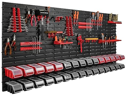 Vägghylla 178 x 78 cm, 30 genomskinliga förvaringslådor med lock, verktygshållare, stapellådor, verkstad, arbetsbänk