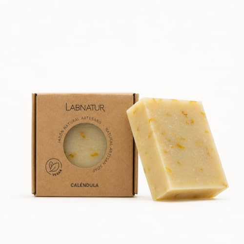 Jabón Natural Caléndula Artesanal - Vegano y Sin Aceite de Palma - Labnatur | Con Aceite de Oliva y Flor de Caléndula - Hidrata y Calma - Limpieza Suave Para Piel Sensible - Hecho en España - 100 g