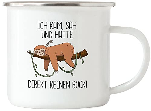 Hey!Print Ich kam sah und hatte direkt keinen Bock Emaille Tasse Lustig Spruch Ironie Faultier Geschenk Bürokollegen