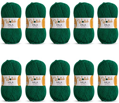 Wollidu Mila Garn zum Häkeln und Stricken 10 x 50g/133m Strickgarn 100% Polyacryl Häkelgarn Dunkelgrün Gras Grün