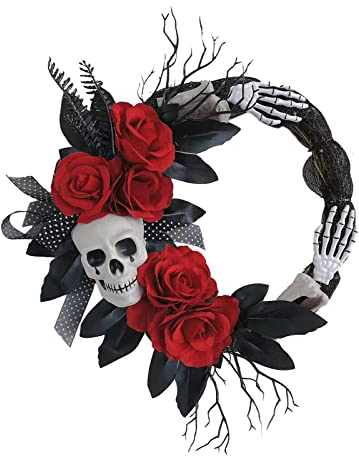 ZHDOKA 20in Halloween Skull Wreath, Gothic Artificial Red Rose Flowers Wreath Front Door Grapevine Wreath Spooky Skull Flowers Wreath with Bow for Home Outdoor Indoor Window Wall Decor(skull)