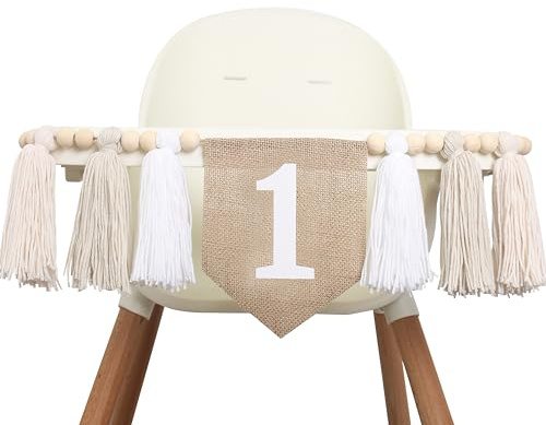 BOOMPA White 1st Birthday High Chair Banner - Wood Bead Tassel Garland - First Birthday Party Tassel Banner - Pure Angel 1st Birthday Photo Backdrop - Wall Hangings Decorative For Kids Bedroom Nursery