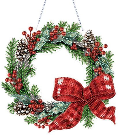 Starnearby Diamond Painting Couronne de Noël 5D Bricolage Peinture Diamant Couronne Noel, Guirlande Suspendu Mosaïque Couronne de Noël Porte Ornement, Décoration de Noël pour Mur Porte