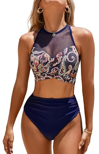 CUPSHE Damen Bikini Set Hochgeschlossen Sheer Mesh Wickeloptik Paisley High Waist Bauchweg Raffung Bademode Zweiteiliger Badeanzug Swimsuit Indigo Blau/Paisley M