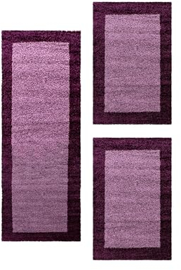 Carpetsale24 Bettumrandung Schlafzimmer 3 teilig Shaggy Hochflor Teppich Lila Bettvorleger Schlafzimmer Bettset: 2 St. 60x110 cm | 1 St. 80x150 cm - Teppich Läufer Set Bordüre Design