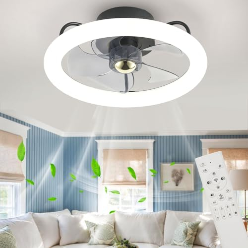 POWROL Ceiling Fans with Lights Remote Control Reversible Modern Small 6 Speed 3 Colour Changing LED Dimmable Low Profile Ceiling Fans Light 40CM Ceiling Fan with Lamps for Bedroom
