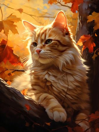 Acryl-Bild 30 x 40 cm: Ingwerkatze sitzt auf einem Baum im Herbstwald. Digitale Zeichnung. (212245946)