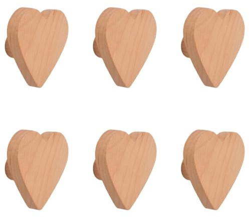 KOMUNJ 6 Stück Herzform Holz Schrankknäufe,Herzförmige Holzknäufe, Buchenholzgriffe, Holzgriffe, Schrankgriffe, für Boho-Möbel, Kommodengriffe, Hardware, Ziehgriffe