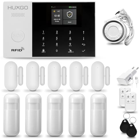 HUXGO® HXA005 Alarmanlage fürs Haus WiFi + GSM Set mit Sirene | Funk Alarmanlage Wohnung mit App. TUYA |Alarm System mit 5X Bewegungssensor, 5X Fensteralarm/Türsensoren | Smart Home