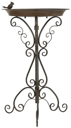 Moritz Vogeltränke Dunkelbraun stehend 73 cm – Vogelbad Metall Wasserschale | Kaffeebraun, flache Trinkschale, verschnörkelter Standfuß, wetterfest, für Balkon, Terrasse und Teich, 2-in-1 Futterstelle