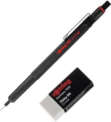 rOtring 600 Druckbleistift | 0,7 mm | Schwarzer Ganzmetallkörper Drehbleistift | Zusätzlicher Tikky 30 Radiergummi