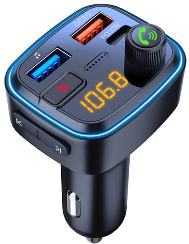 GemCoo Bluetooth FM Transmitter Auto FM-Transmitter 48W Schnelllade-Autoladegerät (PD 30W&QC 18W) für Bluetooth Radio Deep Bass Musik Adapter Freisprecheinrichtung