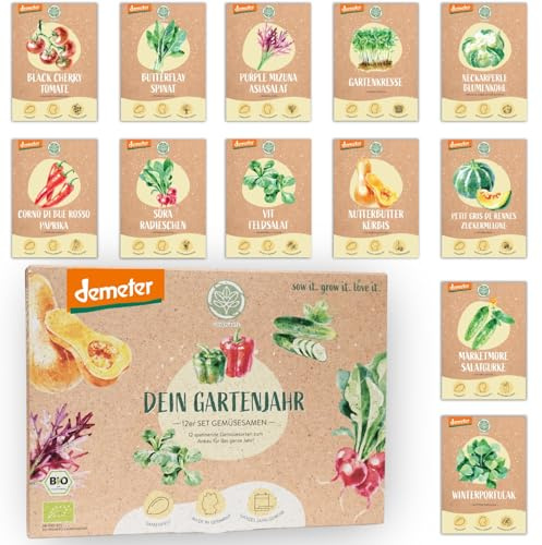 BIO Gartenjahr Gemüse Samen Set - 12 Sorten Demeter Gemüse Saatgut für das ganze Jahr | Seltene u. alte Gemüsesamen allesamt samenfest | Für Balkon, Hochbeet, Garten & als Geschenk | Loveplants