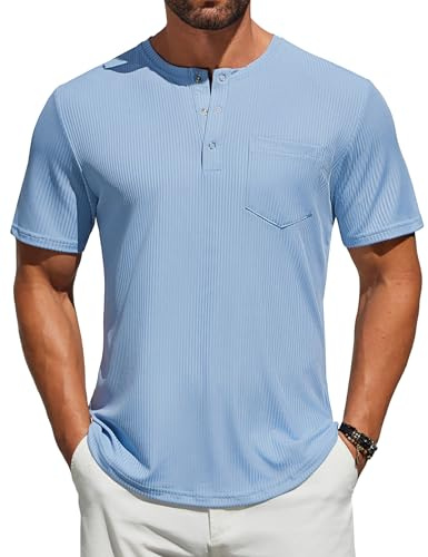 COOFANDY Camisa Henley de punto de manga corta para hombre, con bolsillo, botón a presión, cuello redondo, camiseta básica de verano, Azul claro, M