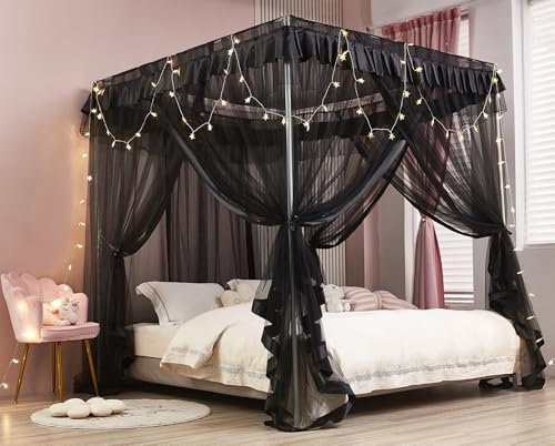Prinzessin Betthimmel für Mädchen Schwarz Doppelbett Baldachin Vorhänge mit Moskitonetz Schlafzimmer Dekoration Zubehör für eine verträumte Atmosphäre