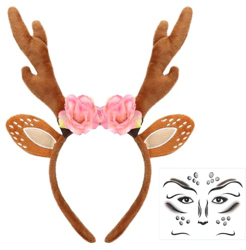 MorLuks Reh Haarreif, Reh Geweih Haarreif mit Blumen, Reh Tattoo Gesicht, Reh Kostüm Accessoires, Rentier Kostüm Zubehör für Kinder Erwachsene Karneval Fasching Halloween Cosplay