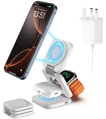 KU XIU Foldable 3 in 1 Wireless Charging Station for Apple, Magnetic Wireless Charger, Travel Fast Charger Stand for iPhone 16/15/14/13, for Watch 10/9/Ultra2/Ultra/8/7/6/SE/5/4, for AirPods 4/3/2/Pro