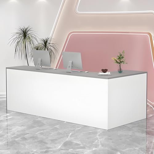 Snaweo Empfangstheke, Empfangstresen aus Holz mit offenem Regal und abschließbarer Funktion, Rezeptionstheke-Eckcomputertisch für Salon, Büro, Restaurant(Gray+White L)