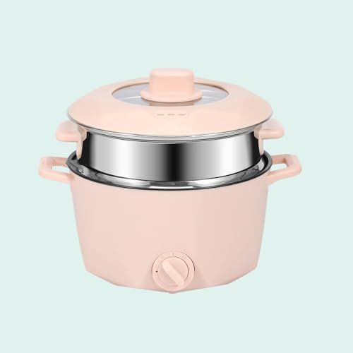 KhUkhu Olla Eléctrica con Vaporera De Acero Inoxidable, Miniolla Portátil Antiadherente Multifuncional De 2 L, Olla Rápida para Fideos De 2 Velocidades, Sartén Eléctrica De Viaje,Rosado