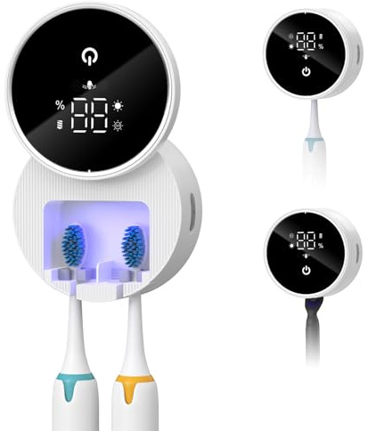 OQIMAX Tandborststerilisator med UV-ljus och 60 °C torktumlare – intelligent sensor, uppladdningsbar tandborsthållare, väggmontering utan borrning, 2 tandborstslitsar