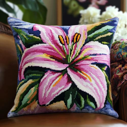 ASONGLINGO Latch Hook Kits for Adults Beginners Cushion Craft Kits Pillow Cover Making Crochet Pre-Printed Canvas Wool Yarn DIY Home Decor(Beautiful Lily Flowers)