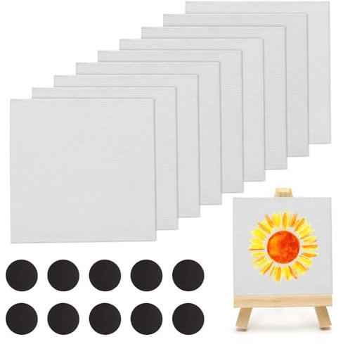 Lot de 10 petites toiles vierges pour peinture, 10 x 10 cm avec 1 mini chevalet en toile, petites toiles pour acrylique, huile, aquarelle, projets artistiques, réfrigérateurs, tableaux noirs à faire